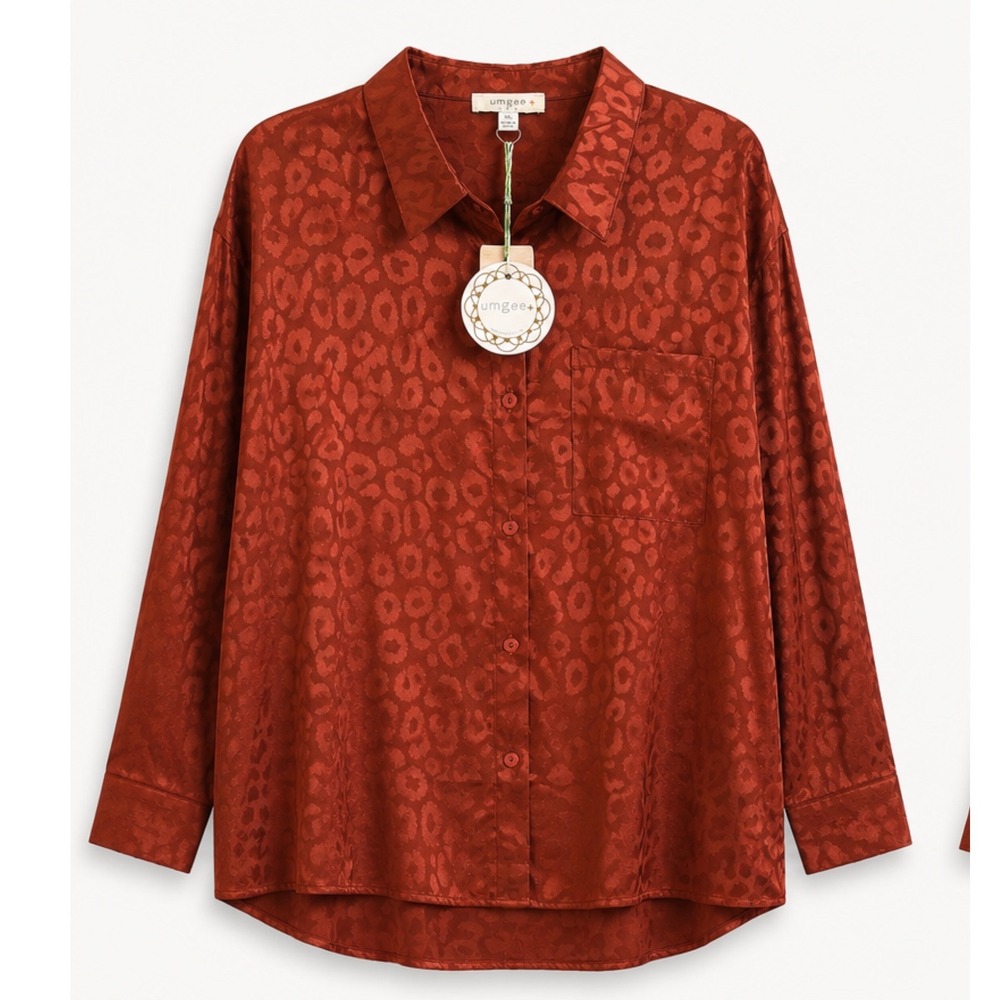 Umgee Plus Rust Orange Leopard Jacquard Satin Button Down Shirt Blouse 1XL NWT